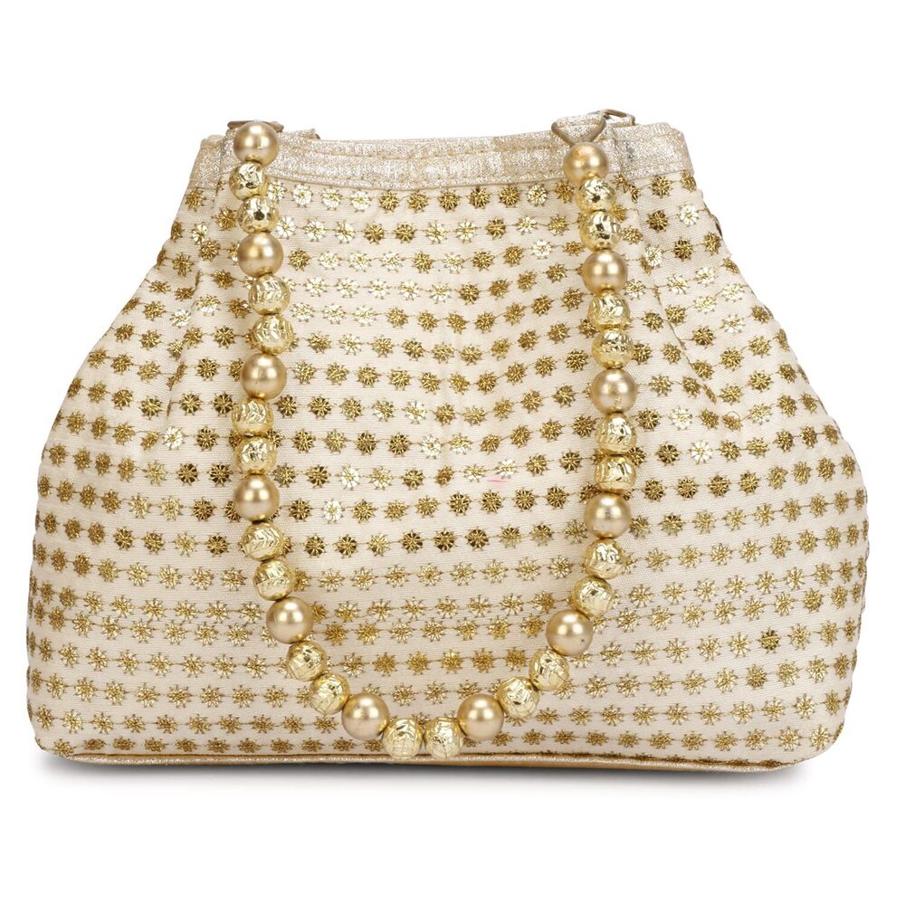 1281 Indian Ethnic Designer Embroidered Silk Potli Bag Batwa Pearls Handle